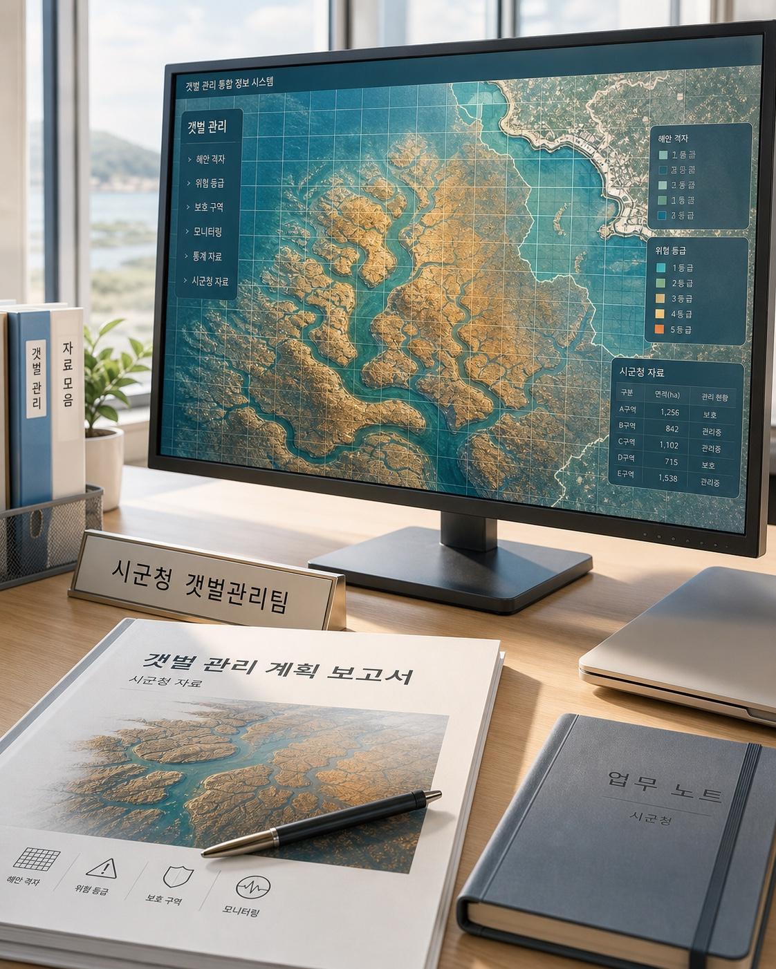 시·군청 갯벌관리팀 책상 위에 갯벌 관리 지도가 켜진 모니터와 계획 보고서가 놓인 모습